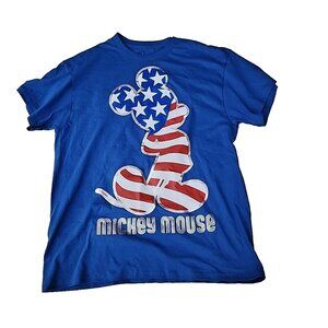 Disney Mickey Mouse Patriotic American Silver Red White Print Blue T-Shirt Sz L
